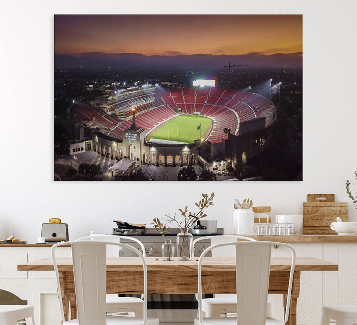 The USC Trojans Stadium canvas captures Memorial Coliseum at twilight, showcasing red seats and a green field beneath an orange sky.