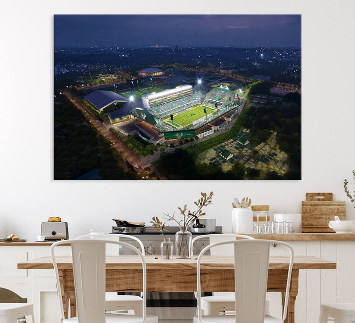 The USF Bulls Football Team Wall Art Canvas Print showcases the Tampa USF Football Stadium at night with city lights.