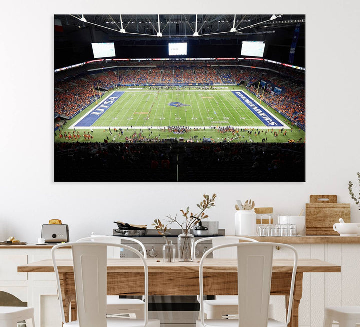 The UTSA Roadrunners game at Alamodome canvas print captures the scene from above, displaying fans and the UTSA lettering on the field.