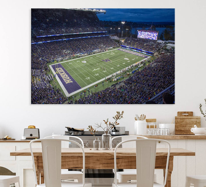 The University of Washington Huskies Football Team Print: Seattle Husky Stadium Wall Art Canvas captures a dusk stadium view.