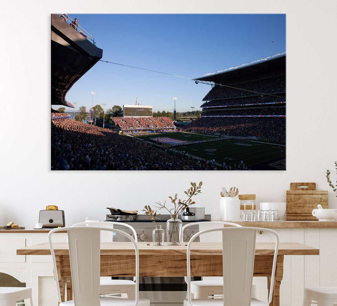 The University of Washington Huskies wall art print depicts Husky Stadium coming alive with fans as flags flutter.