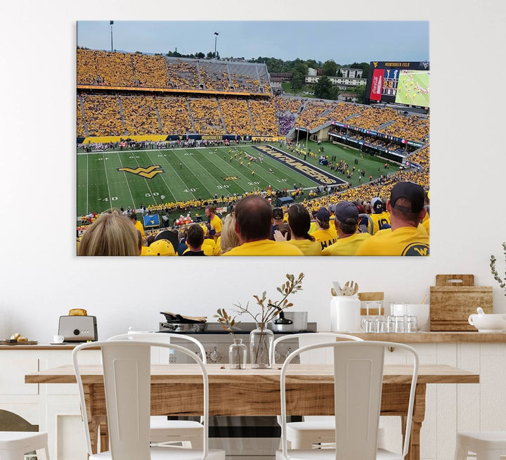 A Puskar Stadium canvas print decorates the modern living room shelf.