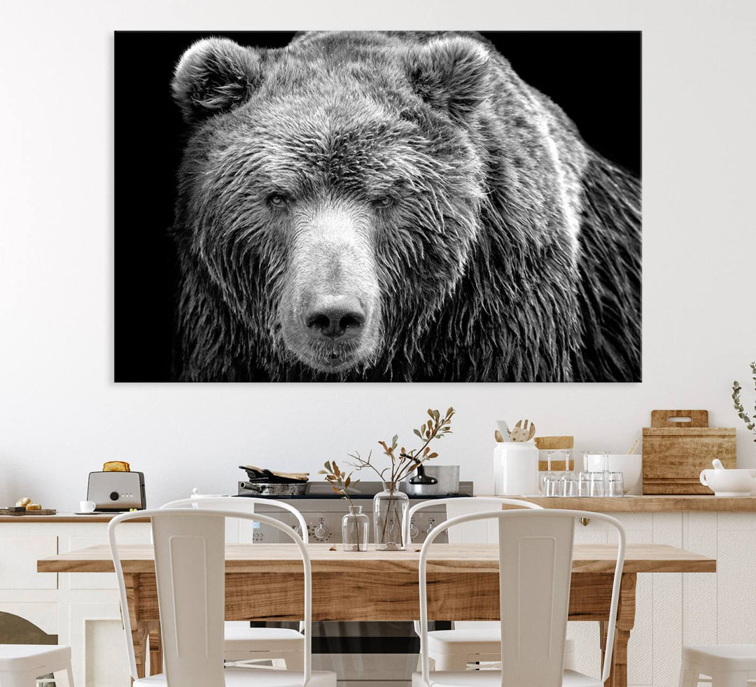 The 399 Grizzly Bear Canvas Print is displayed prominently on a wall in a modern living room.