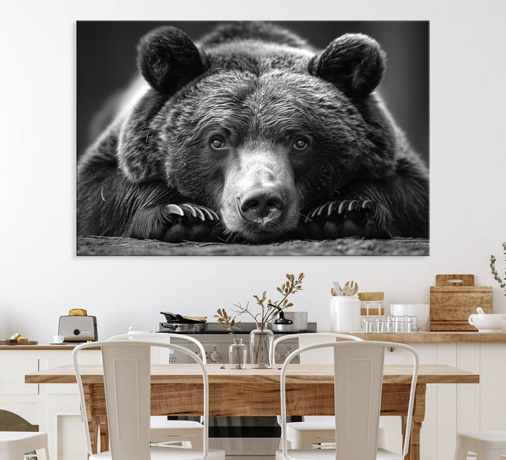 A black and white canvas print titled Resting Grizzly 399 Bear is displayed prominently.