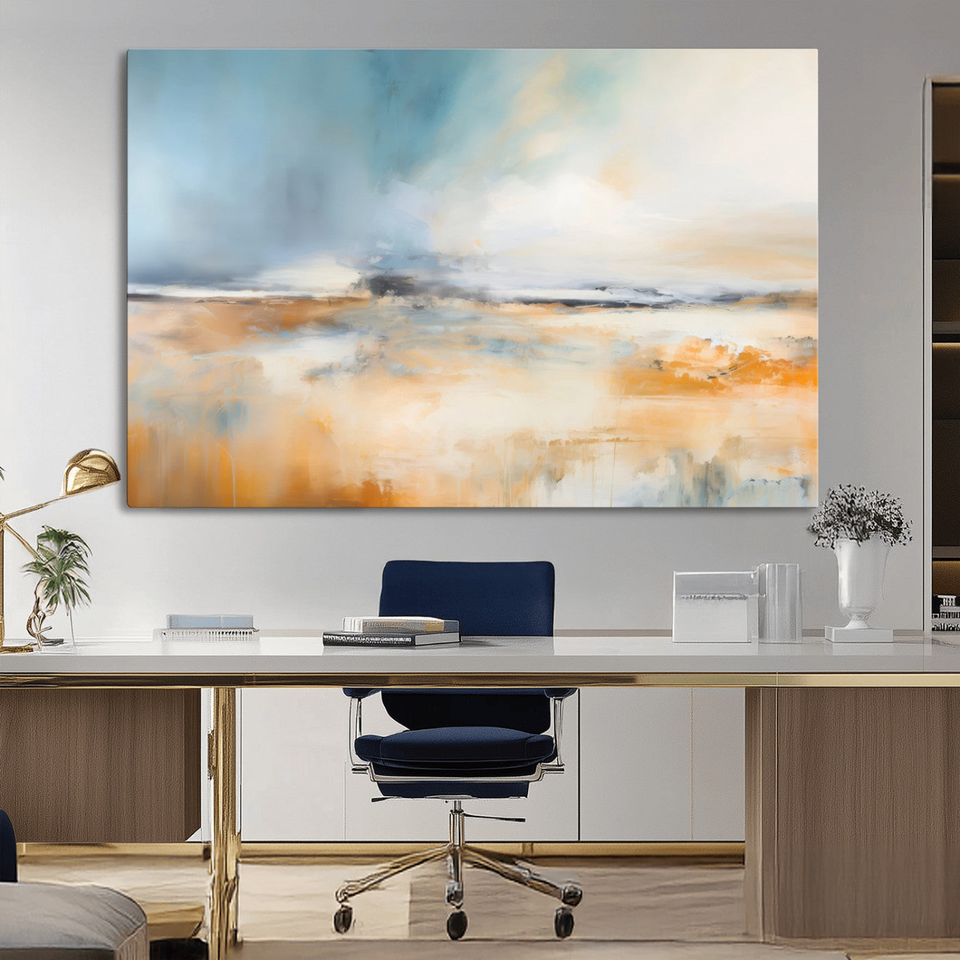 -Abstract Landscape Wall Art Canvas Print - Warm Tones of Orange and Blue, Modern Framed Art for Home