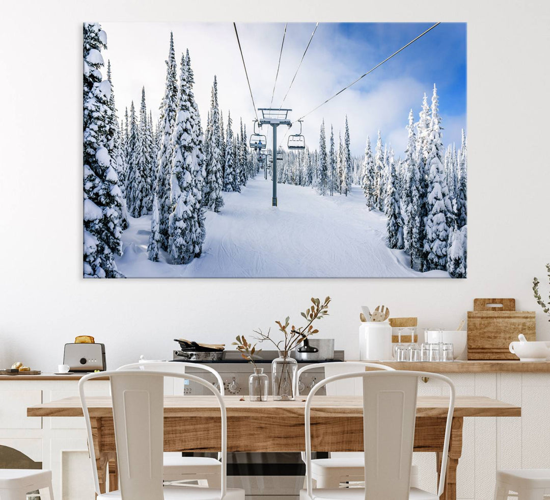 Winter Ski Lift Wall Art Print: Snowy Mountain Adventure, ideal for cabin or farmhouse decor under a clear blue sky.