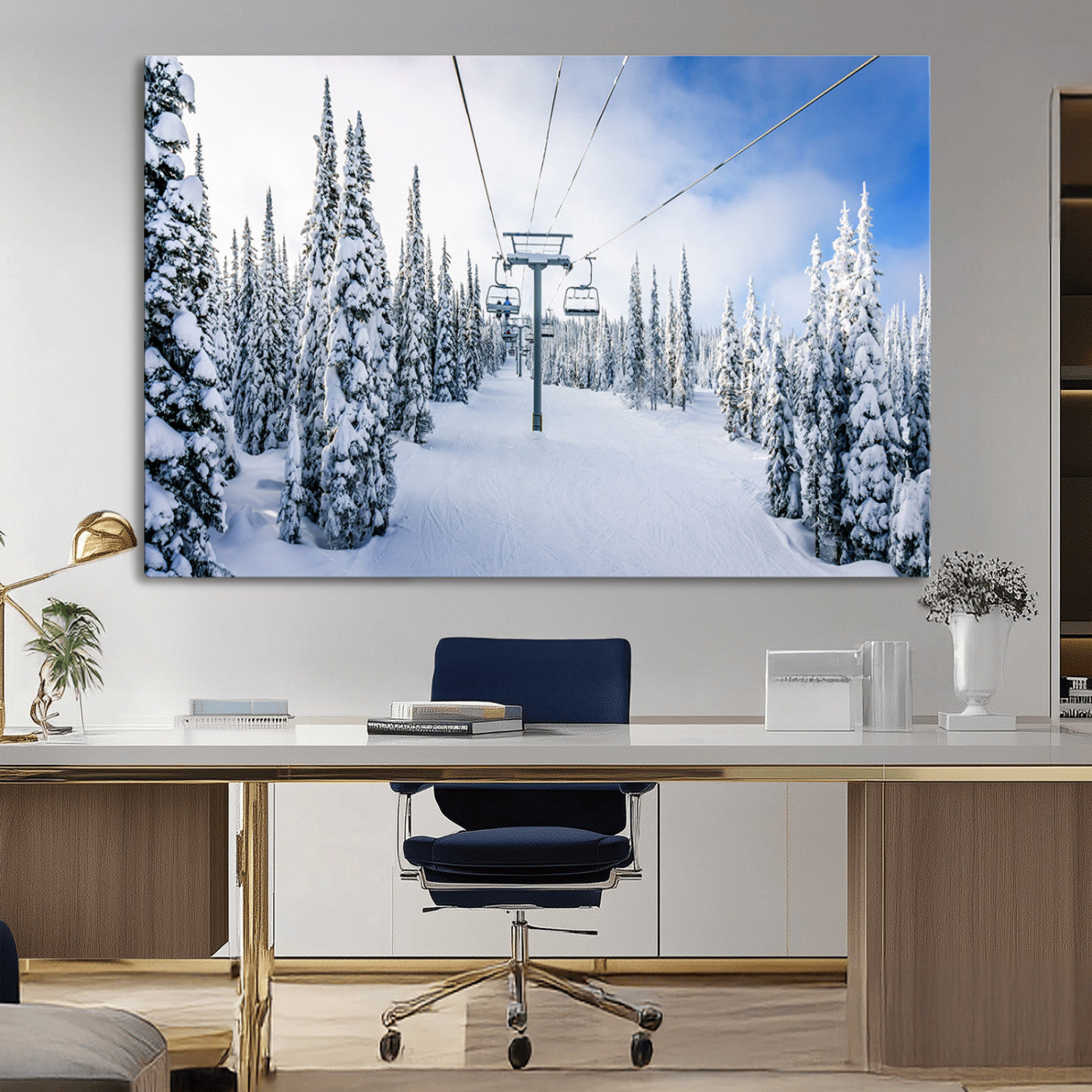 MGV-CV-36X24 - Winter Ski Lift Wall Art Print - Landscape Wall Art | Snowy Mountain Adventure | Perfect for Cabin