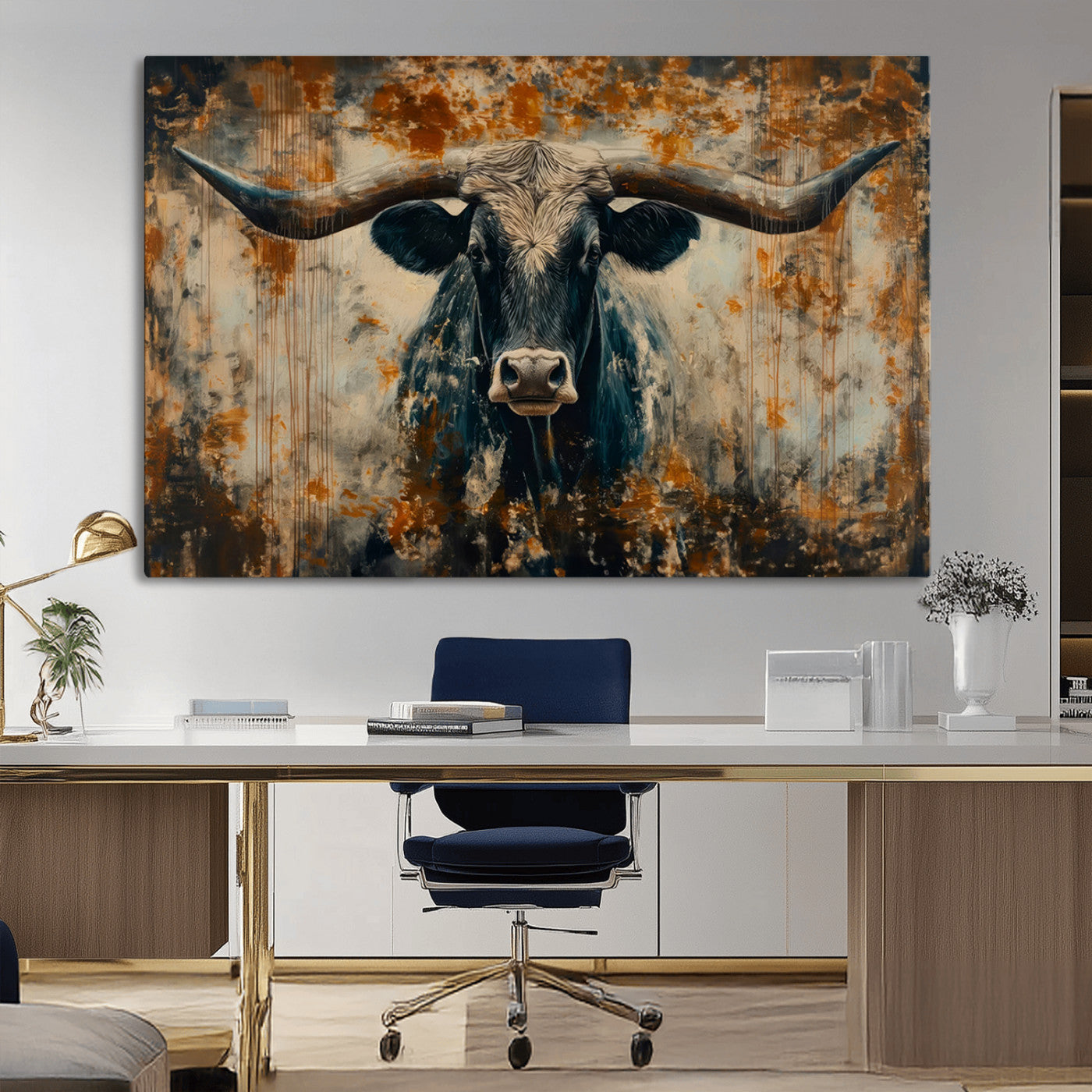 MGV-CV-36X24 - Abstract Longhorn Bull Wall Art | Rustic Western Wall Decor | Framed and Ready to Hang | Ideal for