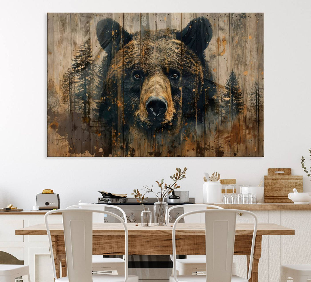 Abstract 399 Bear Wall Art showcases a bears face intertwined with forest trees, ideal for enhancing rustic lodge, cabin, or barn decor.