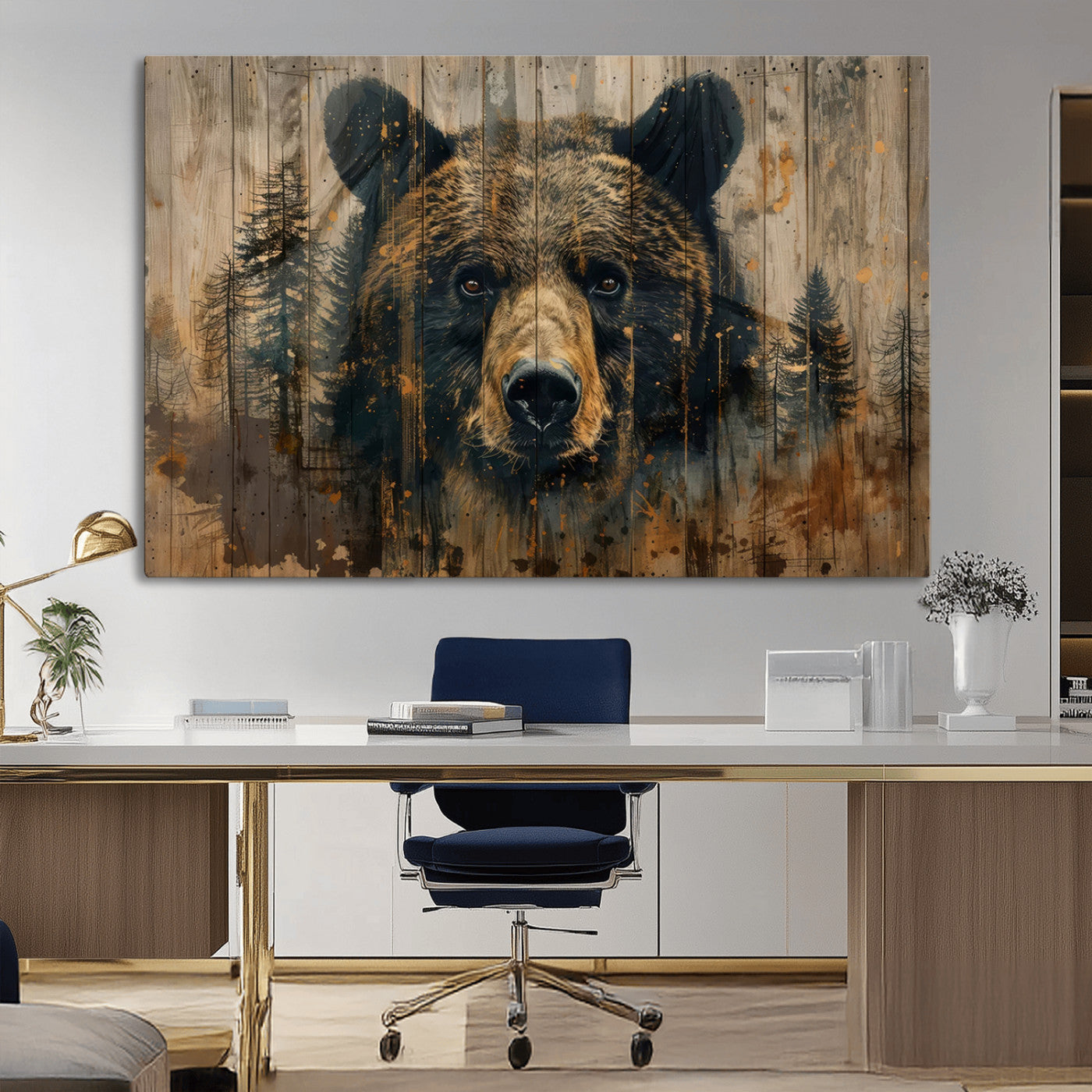 MGV-CV-36X24 - Abstract 399 Bear Wall Art | Rustic Cabin Wall Decor with Forest Design | Framed and Ready to Hang |