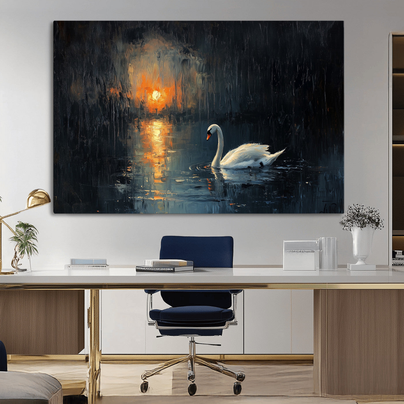 MGV-CV-36X24 - Abstract Swan on Water Wall Art Canvas Print - Elegant Nature Scene for Modern Home Decor