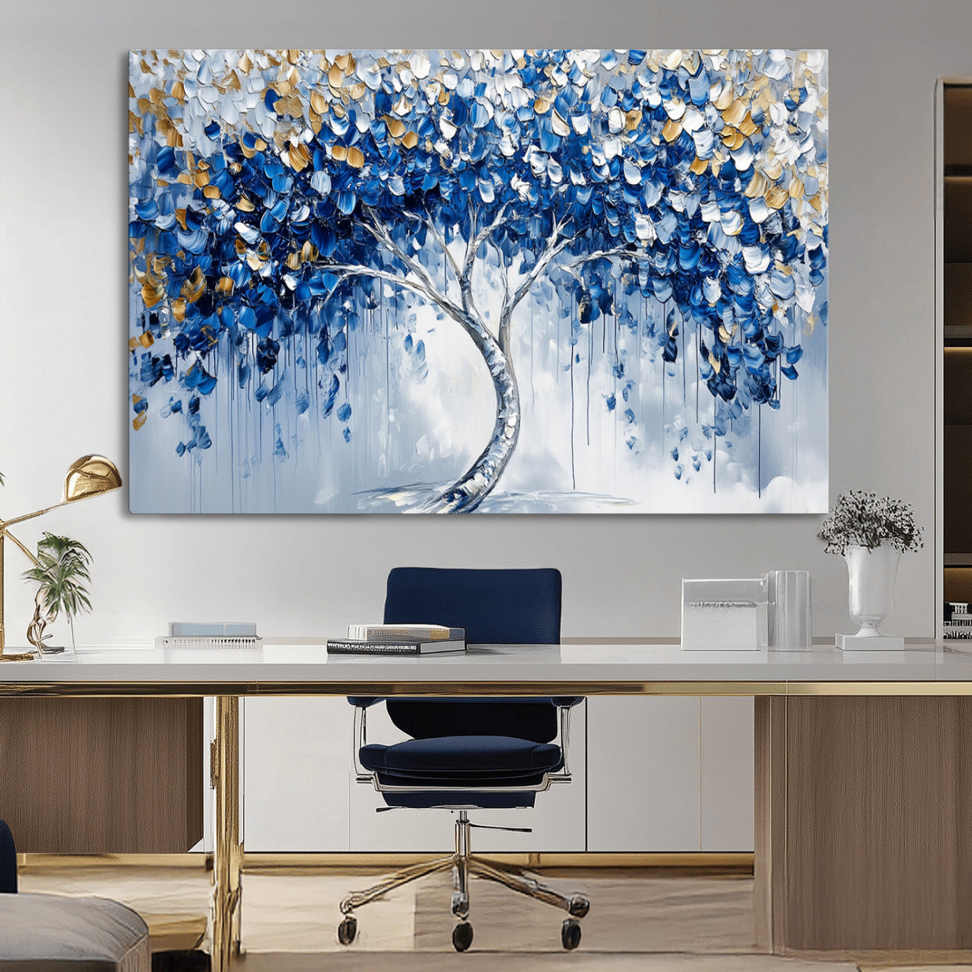MGV-CV-36X24 - Blue and Gold Abstract Tree Wall Art Canvas Print | Modern Tree of Life Painting | Framed Canvas