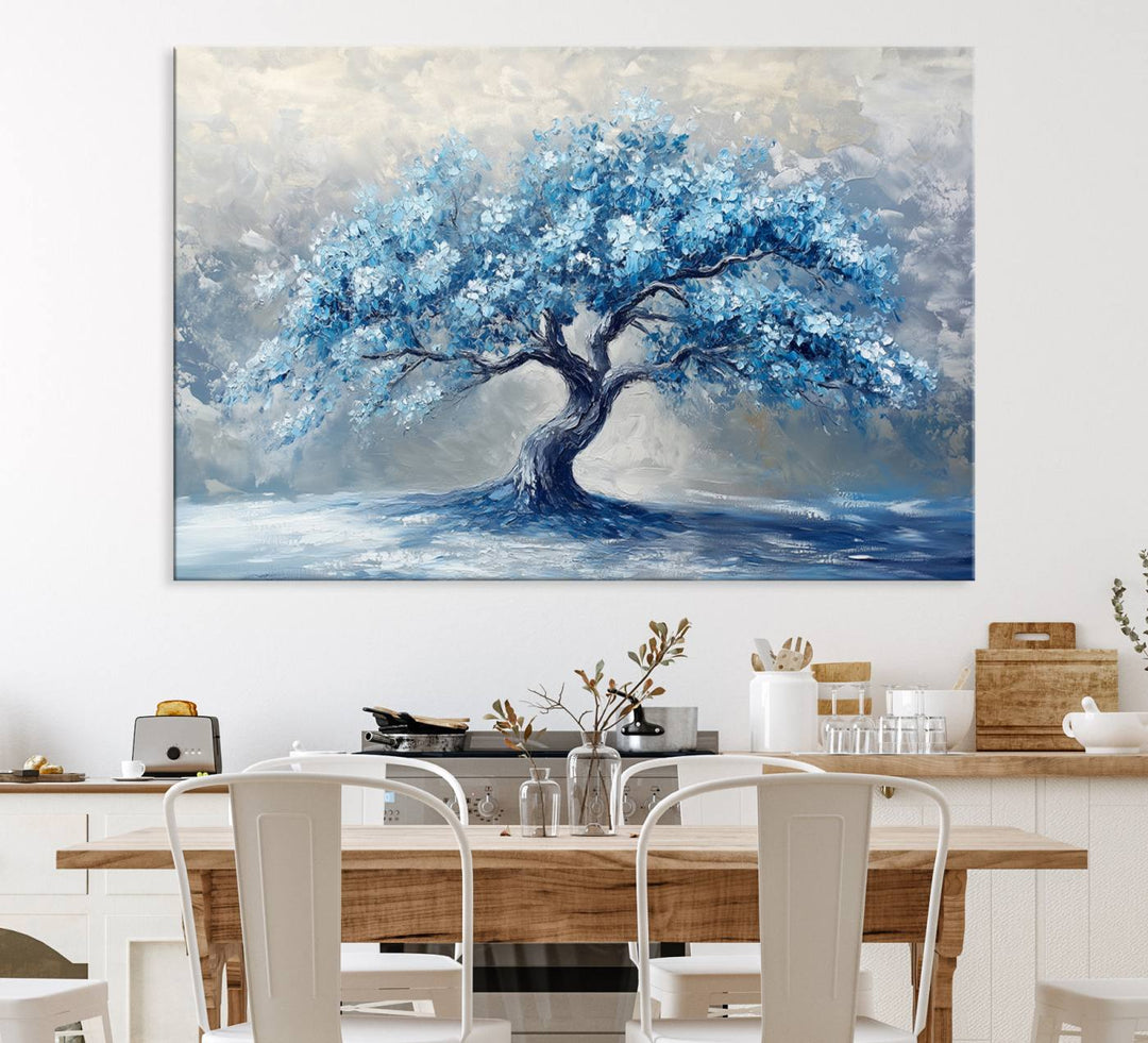 Abstract Blue Tree Art Print featuring textured blues and grays, perfect for farmhouse decor.