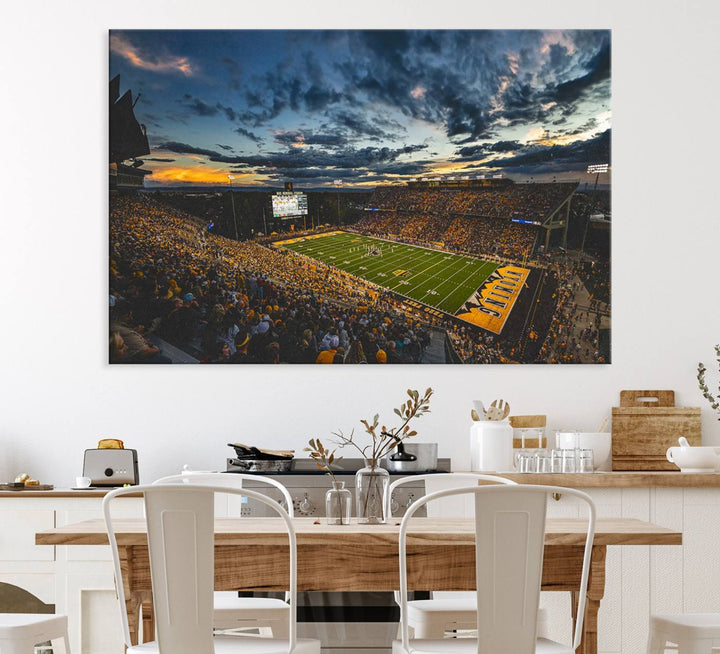 This University of Wyoming Cowboys canvas print features an aerial view of War Memorial Stadium at dusk, highlighted by dramatic clouds.