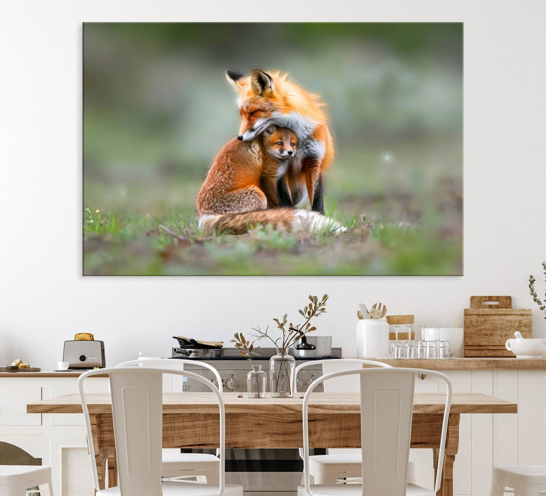 Heartwarming Fox and Baby Cub Wall Art - ready to hang, ideal for animal lovers, rustic decor, and cabin wall art.