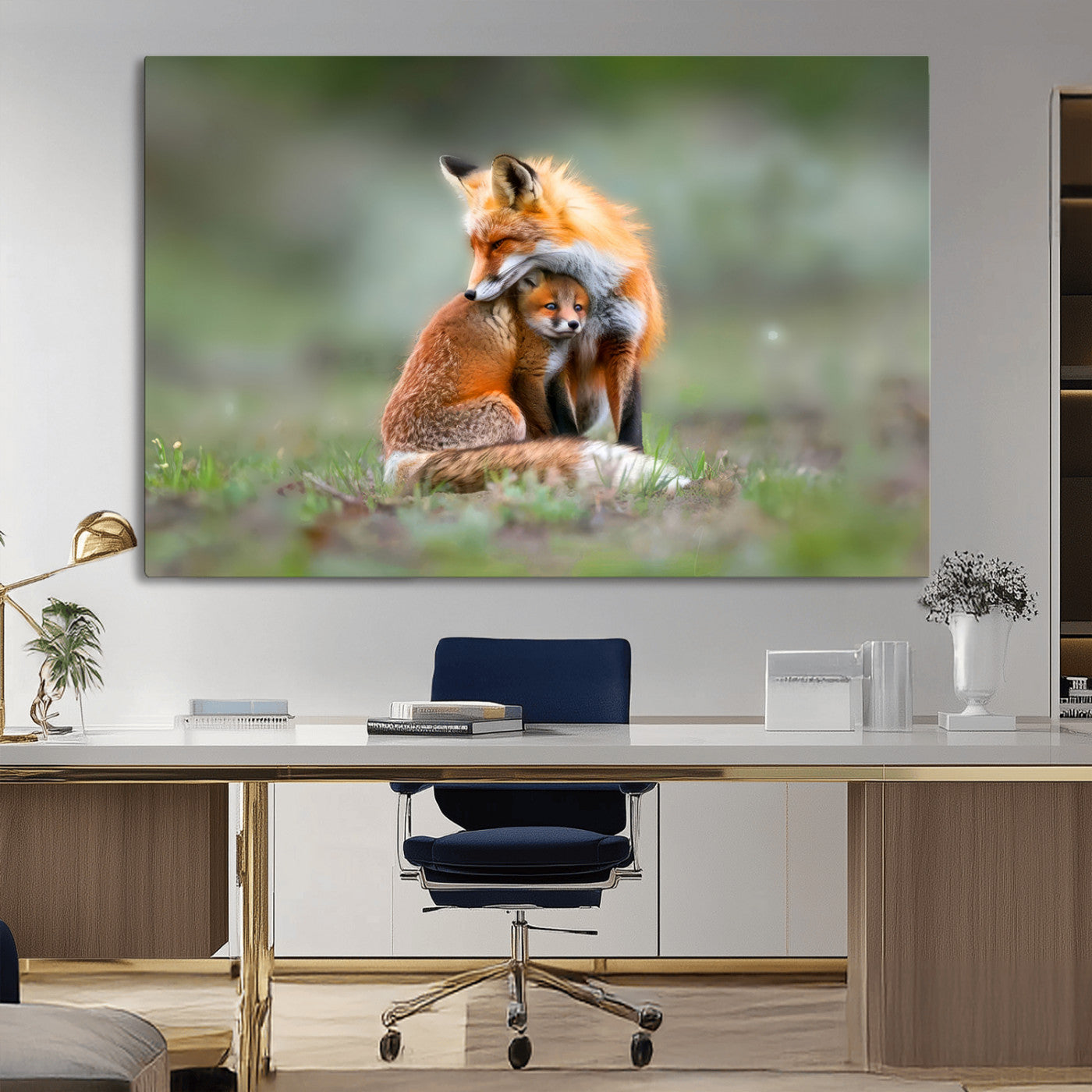 MGV-CV-36X24 - Heartwarming Fox and Baby Cub Wall Art | Ready to Hang Canvas Print of Foxes in Nature | Perfect for