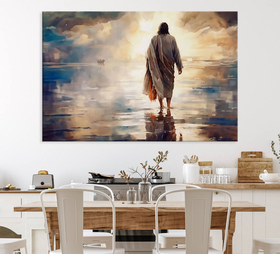 The wall art depicts a robed figure walking on water towards a boat, framed by a stunning sunset. This is showcased in the Jesus Walking on Water Triptych Canvas Print.