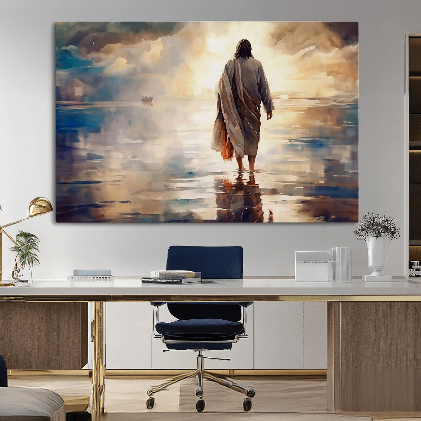 MGV-CV-36X24 - Jesus Walking on Water Wall Art | Ready to Hang Spiritual Triptych Canvas Print | Inspirational