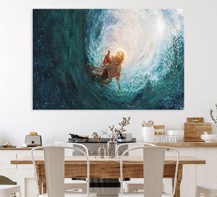 A swimmer heads towards light in an ethereal vortex on the Powerful Jesus Canvas Print - Hand of Salvation, Inspirational Wall Art.