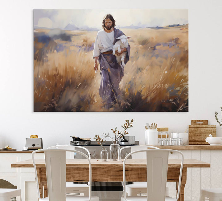 A canvas art piece depicts a bearded man carrying a lamb in a field, reminiscent of Jesus the Good Shepherd, ideal for prayer room decor.