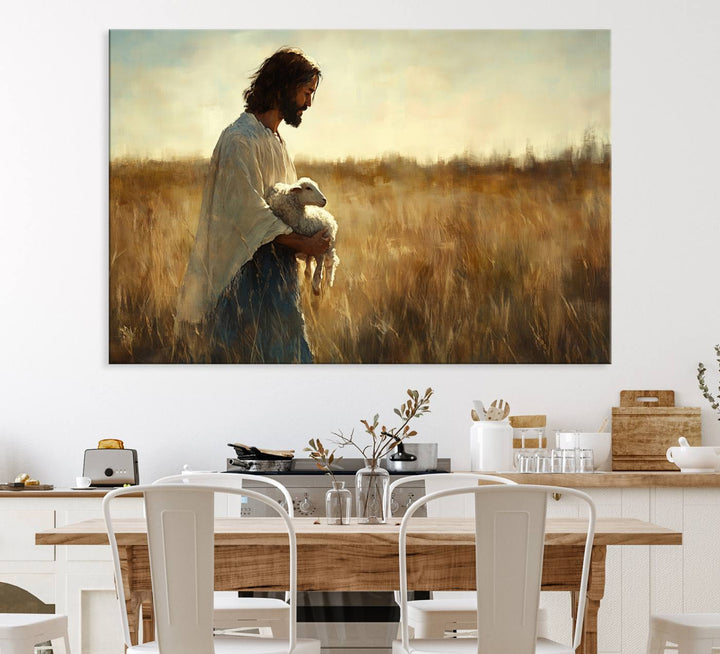 The Jesus the Good Shepherd wall art print depicts Jesus gently holding a lamb under a clear sky.