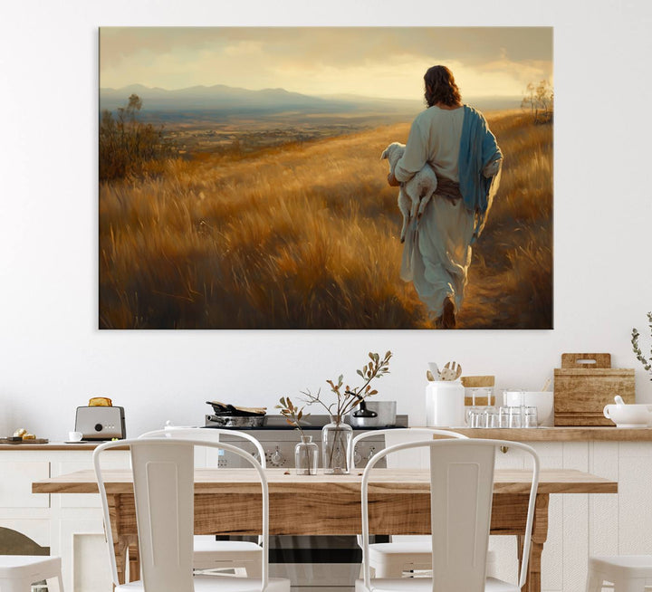 The wall art, titled Jesus the Good Shepherd, depicts a golden field at sunset.