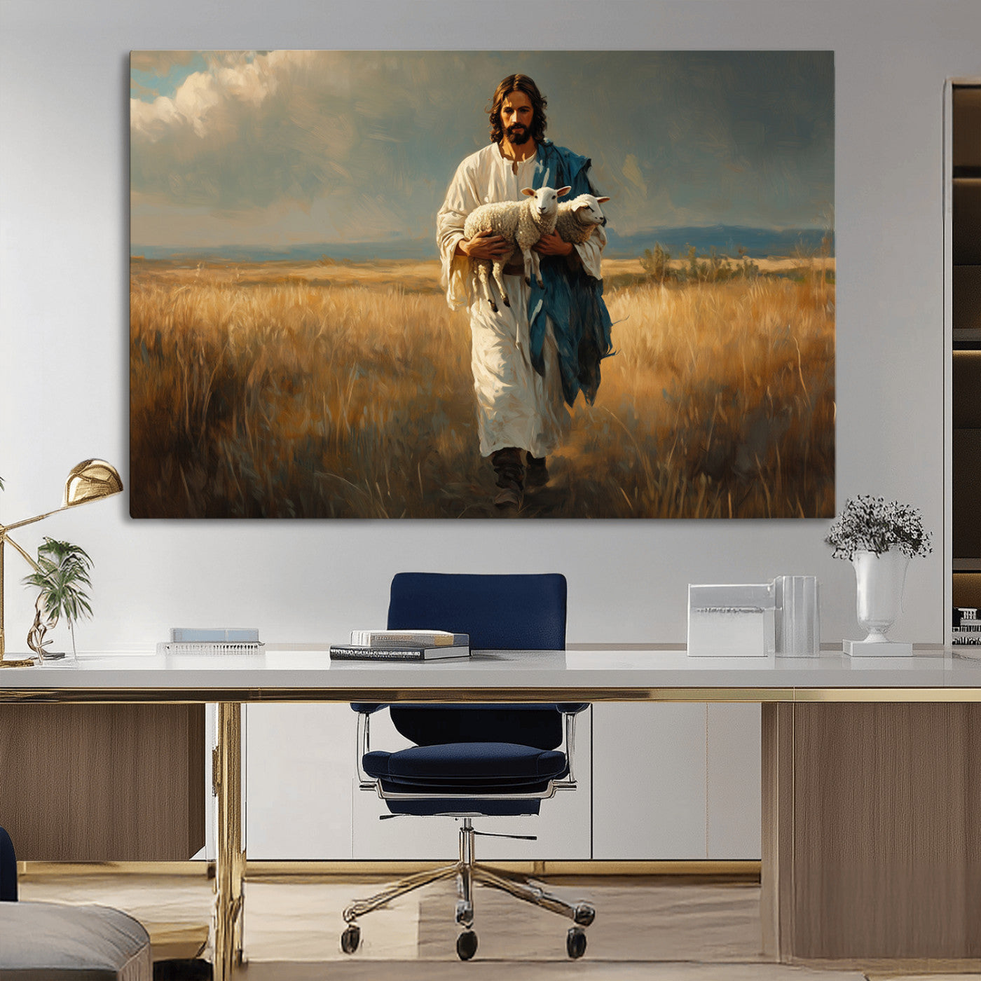 MGV-CV-36X24 - Jesus Shepherd Wall Art | Ready to Hang Triptych Canvas of Jesus Holding a Lamb in a Field |