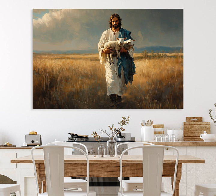 This Jesus Shepherd Wall Art depicts a figure in a white robe carrying a lamb, making it an ideal piece of Christian decor for your home.