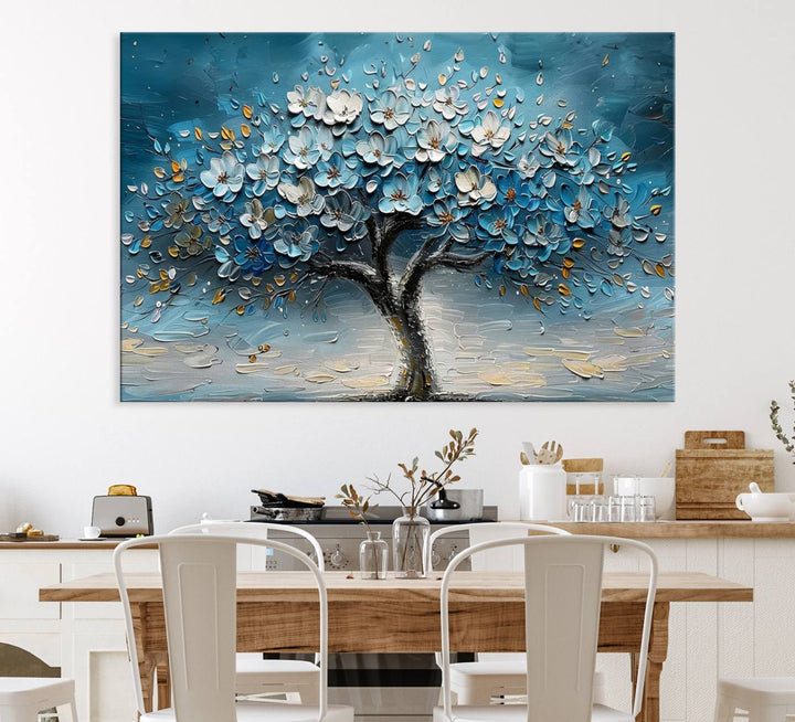 Abstract Blooming Tree Wall Art Print features blue, white, and gold textures on museum-quality canvas, perfect for modern decor.