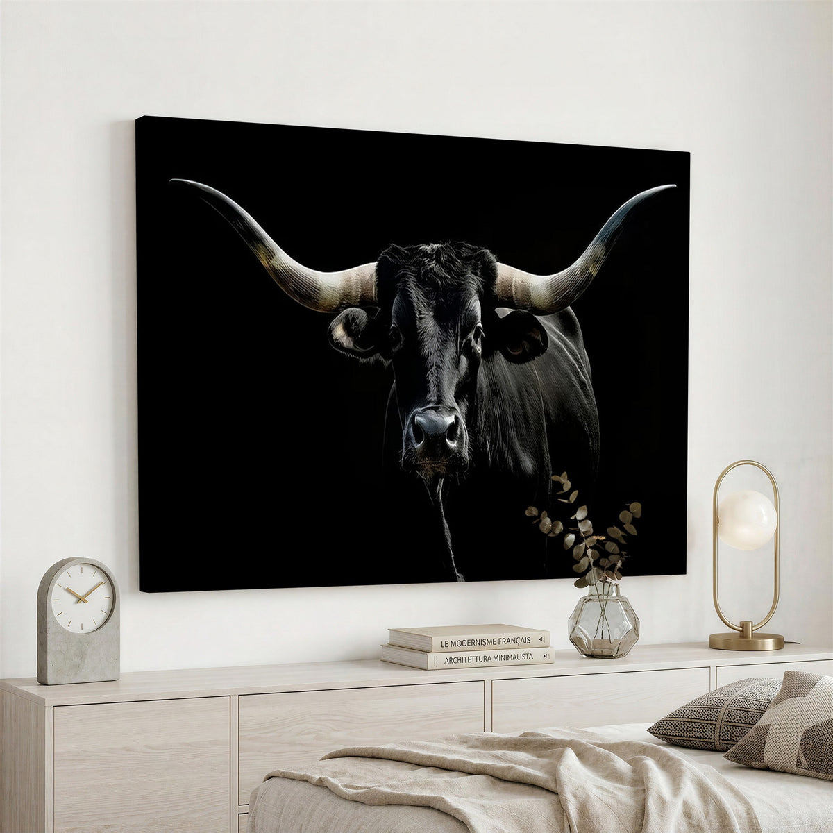 20679-MGV-CV-24X16 - Texas Black Longhorn Bull Wall Art Canvas Print, Western Cattle Rustic Decor