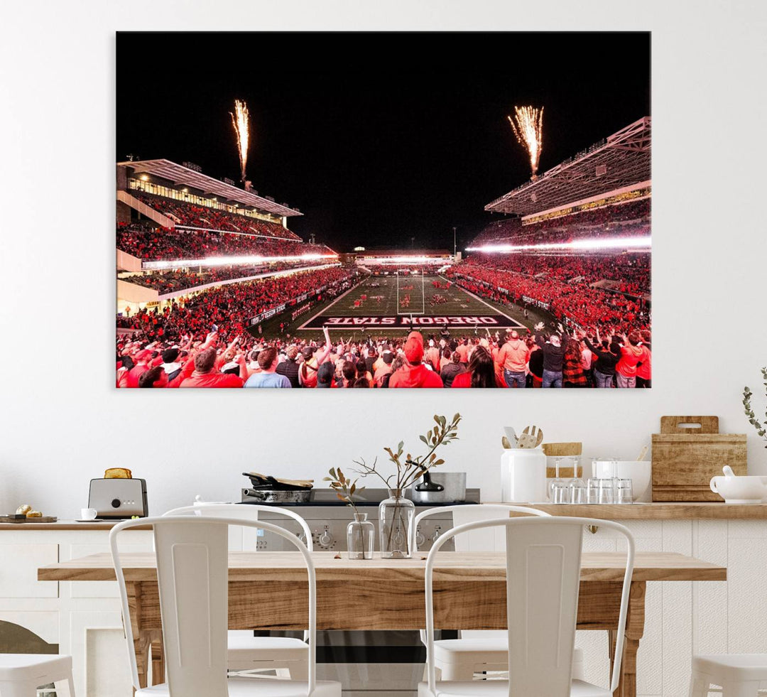 At Corvallis Reser Stadium, vibrant wall art captures the spirit of Oregon State Beavers football against a backdrop of a fireworks-lit night sky.