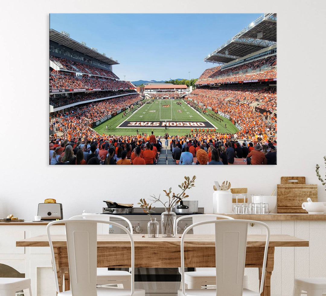 Wide-angle view of Corvallis Reser Stadium with Oregon State field, depicted in Beavers team print canvas art.