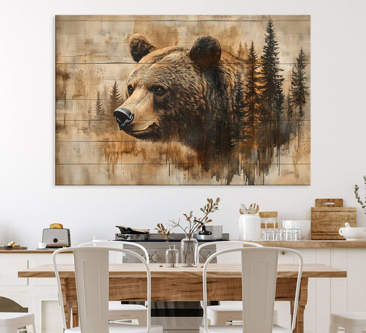 A Rustic Grizzly Bear Wall Art, ideal for farmhouse decor, beautifully adorns the setting with its charming presence.