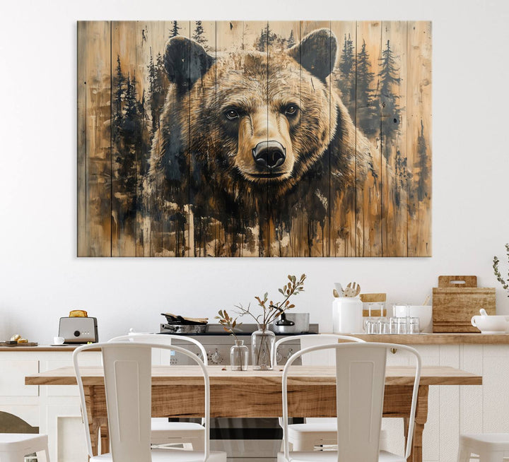 Majestic Grizzly 399 Bear 3-panel rustic canvas print with woodland theme.