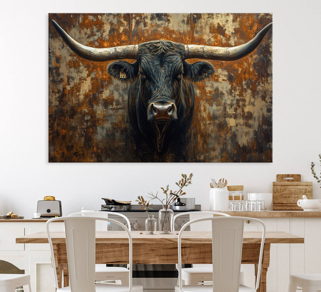 The Longhorn Texas Cow Bull Wall Art canvas print showcases rustic farmhouse decor.