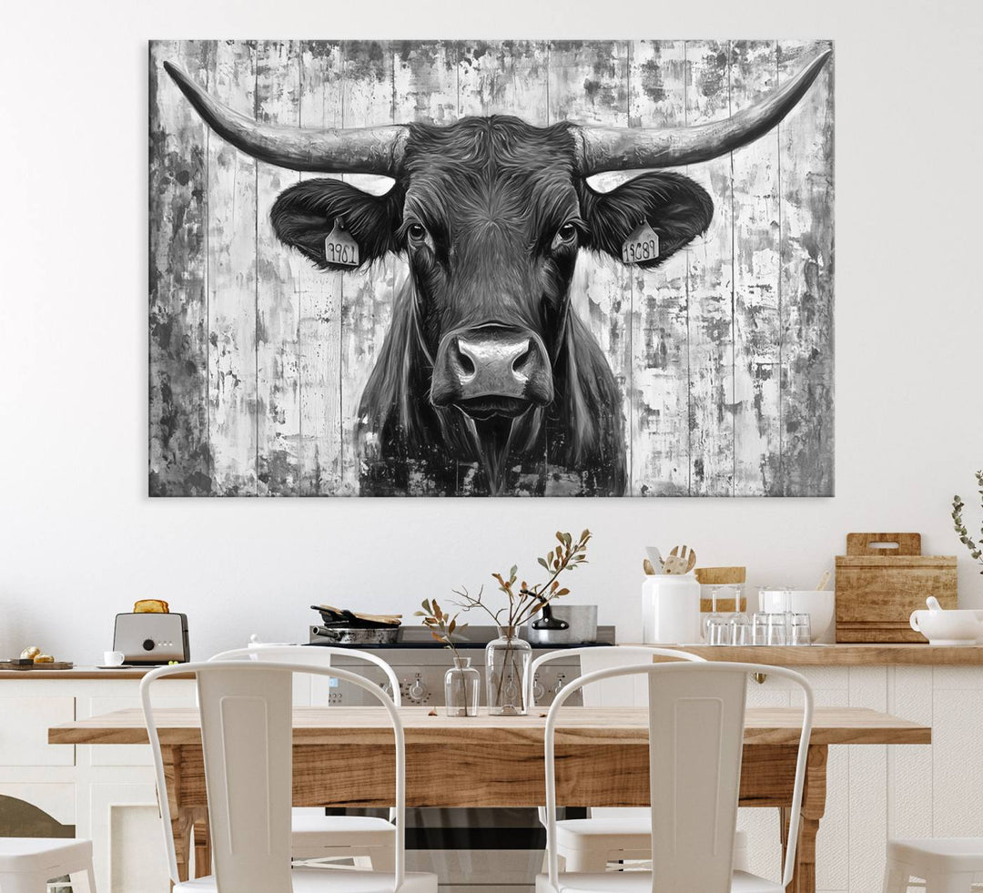 Abstract Longhorn Bull canvas print, featuring rustic Texas-themed wall art on a wooden background, ideal for Western decor.