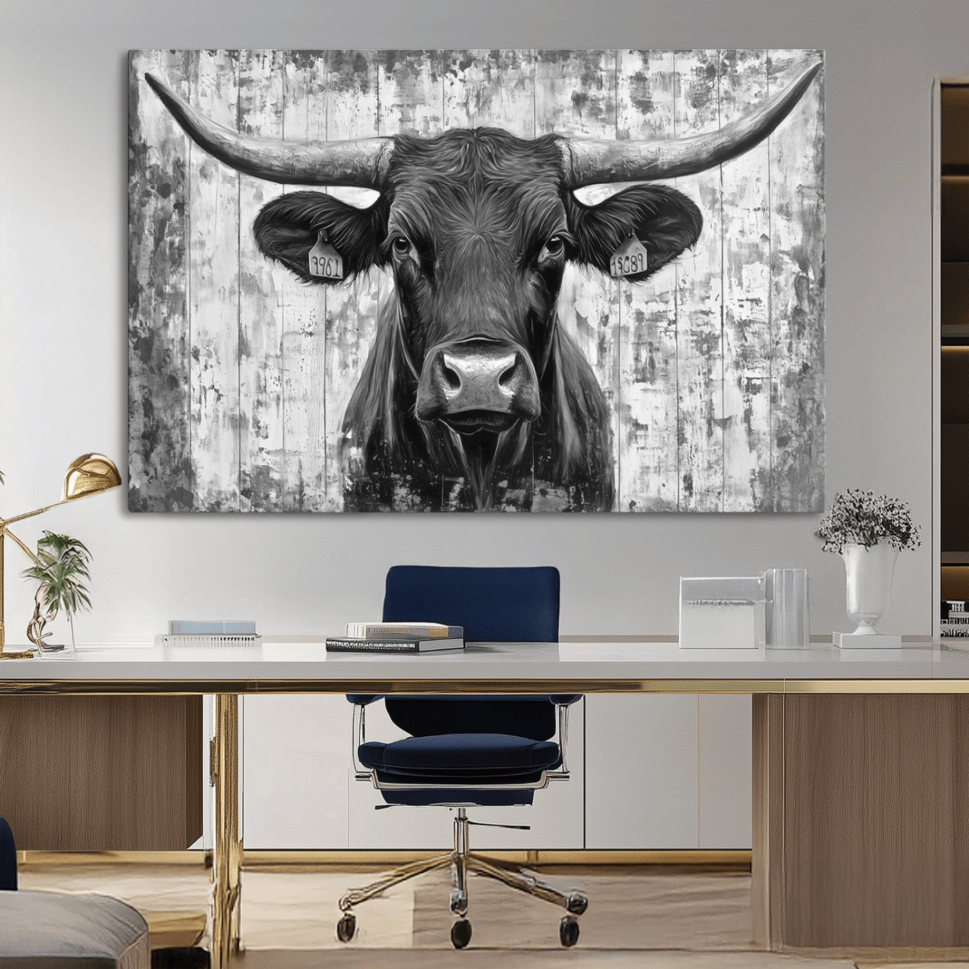 MGV-CV-36X24 - Abstract Longhorn Bull Wall Art Canvas Print - Rustic Texas Western Cow Artwork