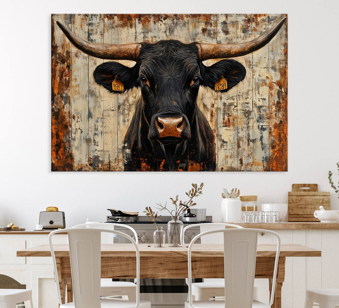 Black bull painting with horns and ear tags, ideal for rustic Texas decor - Abstract Cow Longhorn Bull Canvas Print.