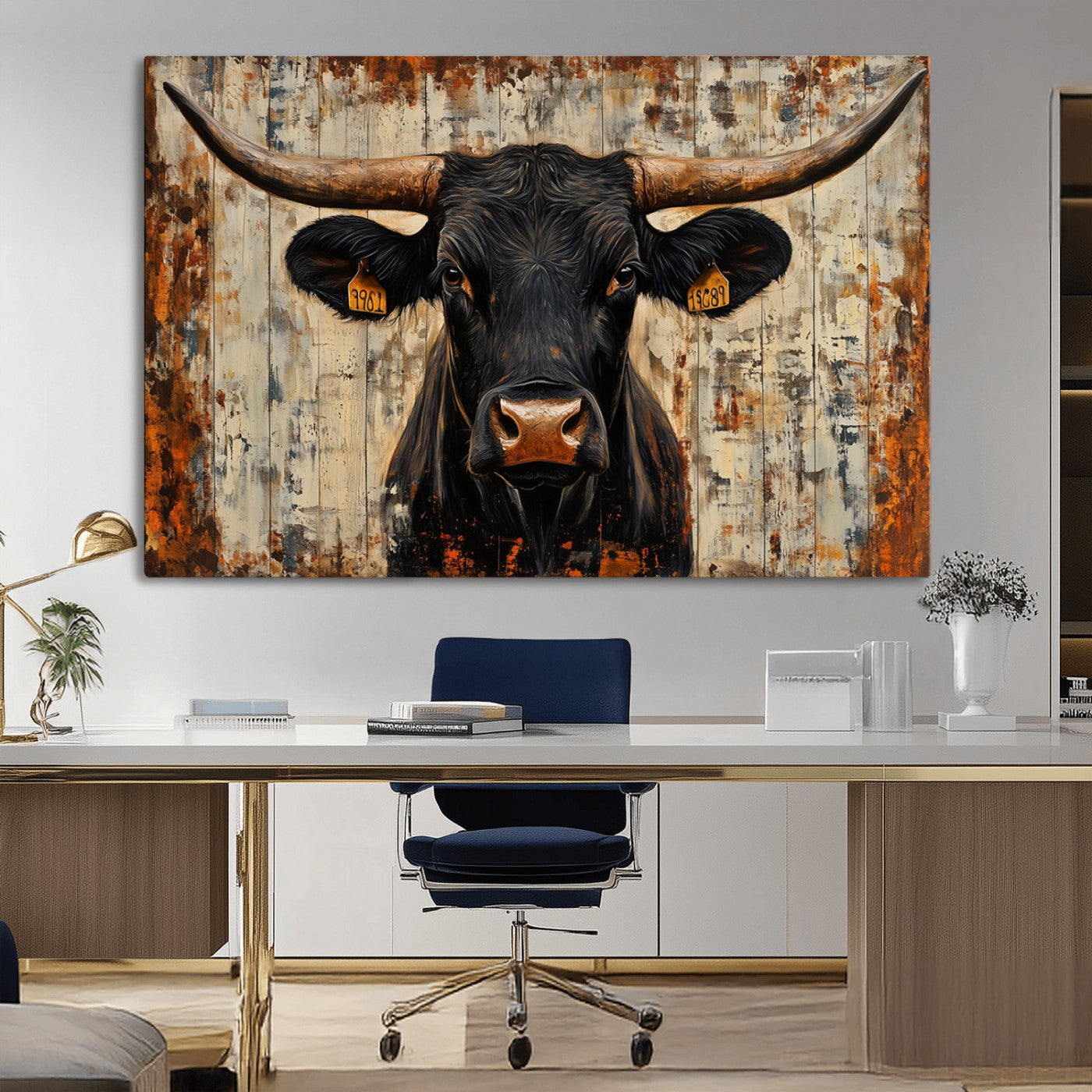 MGV-CV-36X24 - Rustic Texas Artwork Wall Art Canvas Print - Abstract Cow Longhorn Bull Wall Art Canvas Print