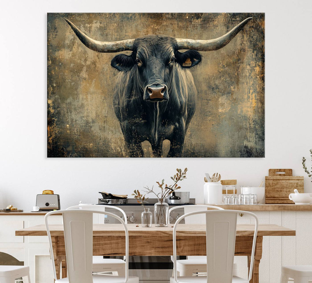 The Longhorn Bull Canvas Print features a bull with prominent horns facing forward, depicted in abstract Texas Western art style.