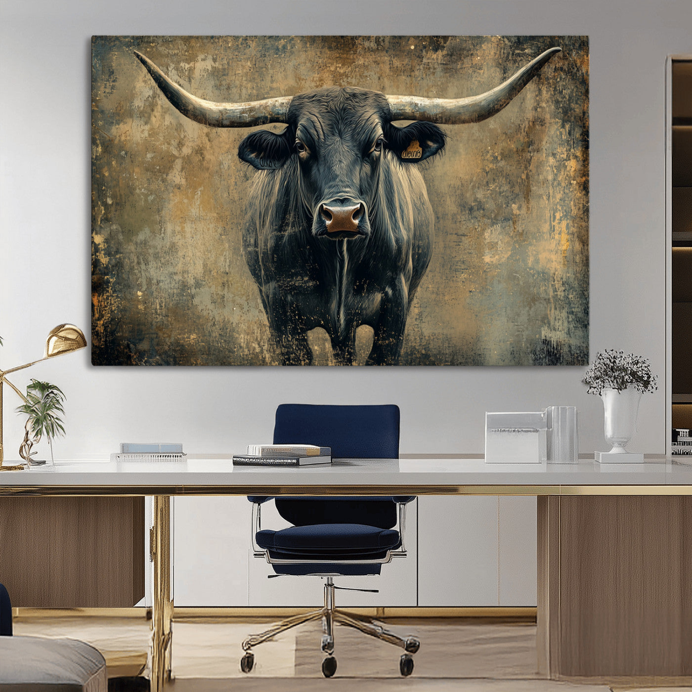 MGV-CV-36X24 - Longhorn Bull Wall Art Canvas Print, Framed Rustic Cow Art Picture Print, Texas Longhorn Perfect Western Decor Artwork