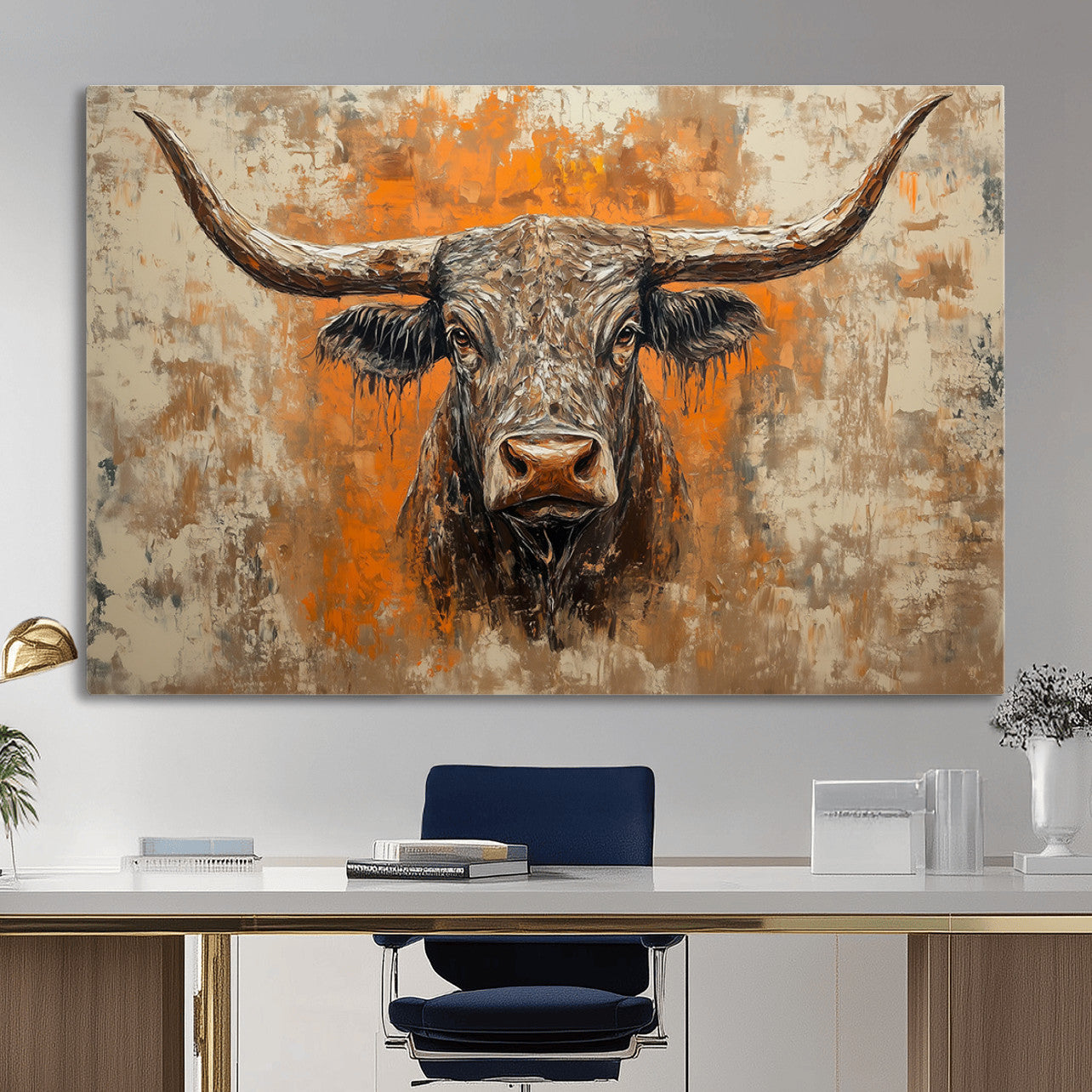 49976-MGV-CV-36X24 - Abstract Cow Longhorn Bull Wall Art Canvas Print - Rustic Texas Western Cattle Artwork