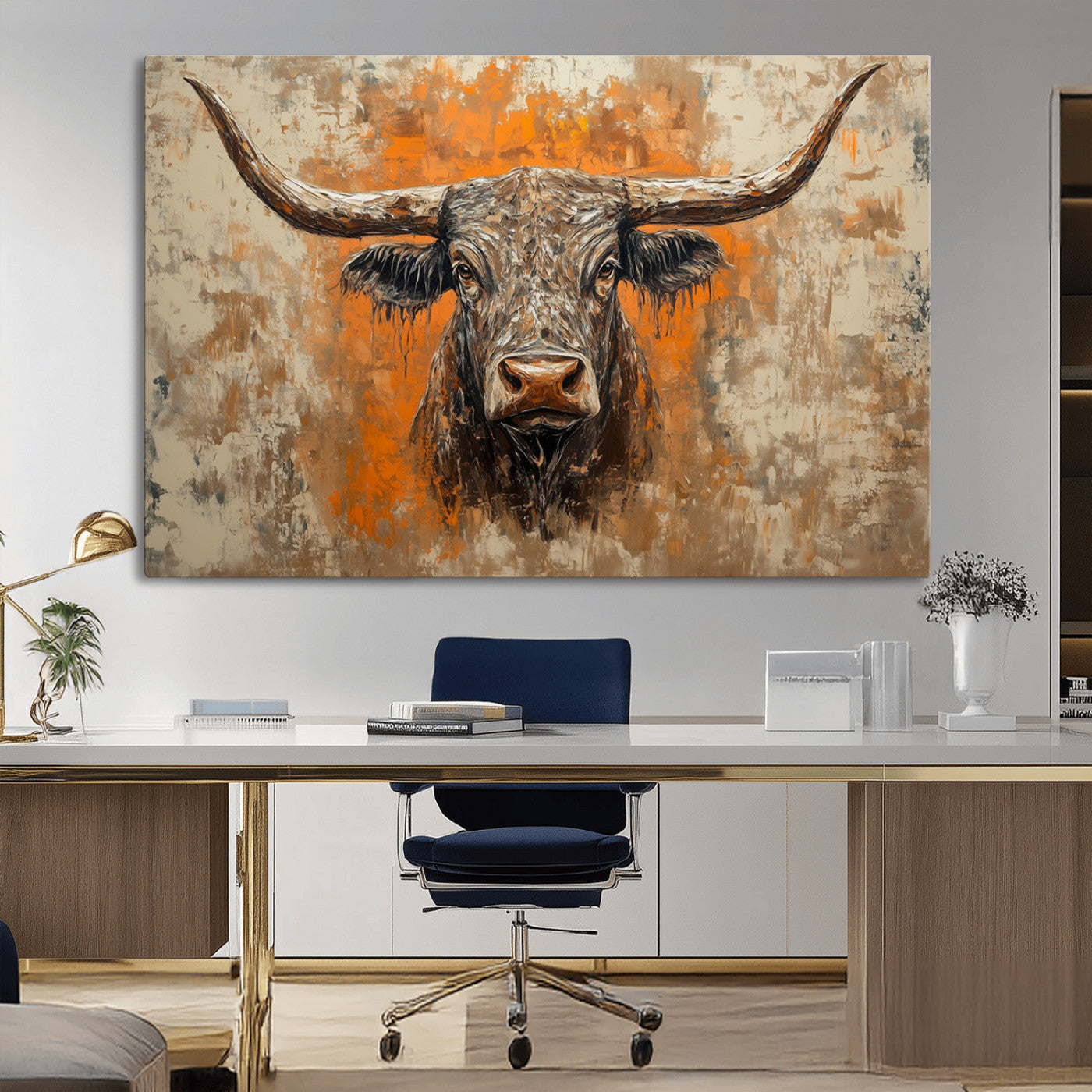MGV-CV-36X24 - Abstract Cow Longhorn Bull Wall Art Canvas Print - Rustic Texas Western Cattle Artwork