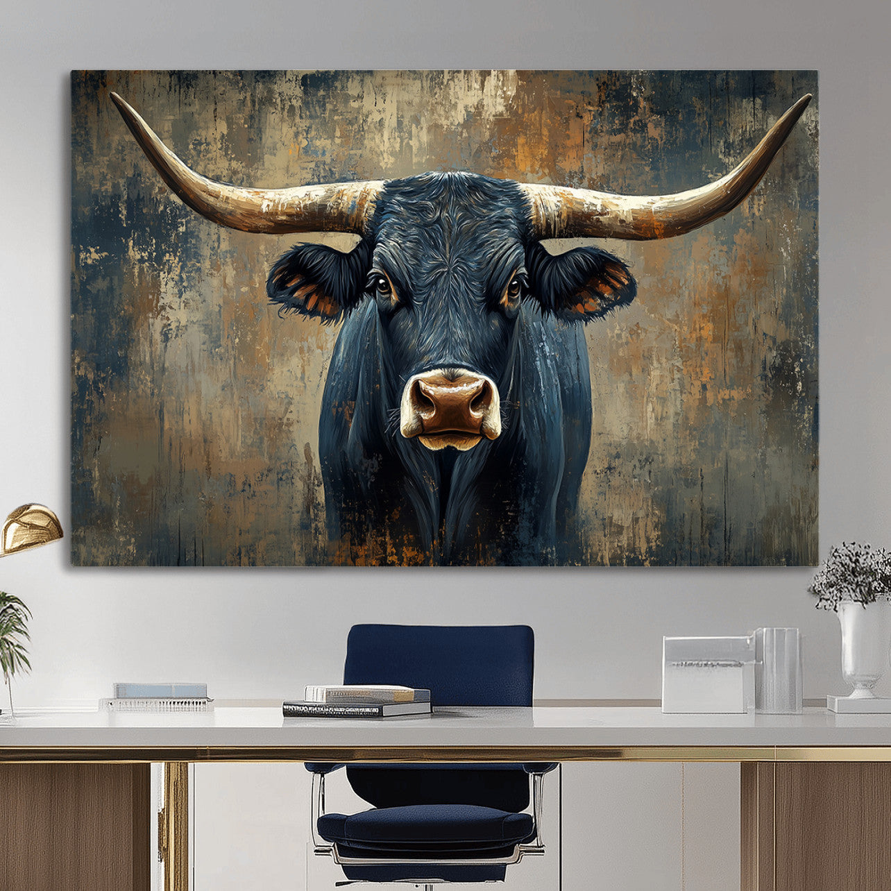 42026-MGV-CV-36X24 - Texas Western Wall Art Canvas Print - Abstract Cow Longhorn Bull Wall Art Canvas Print - Rustic Cow