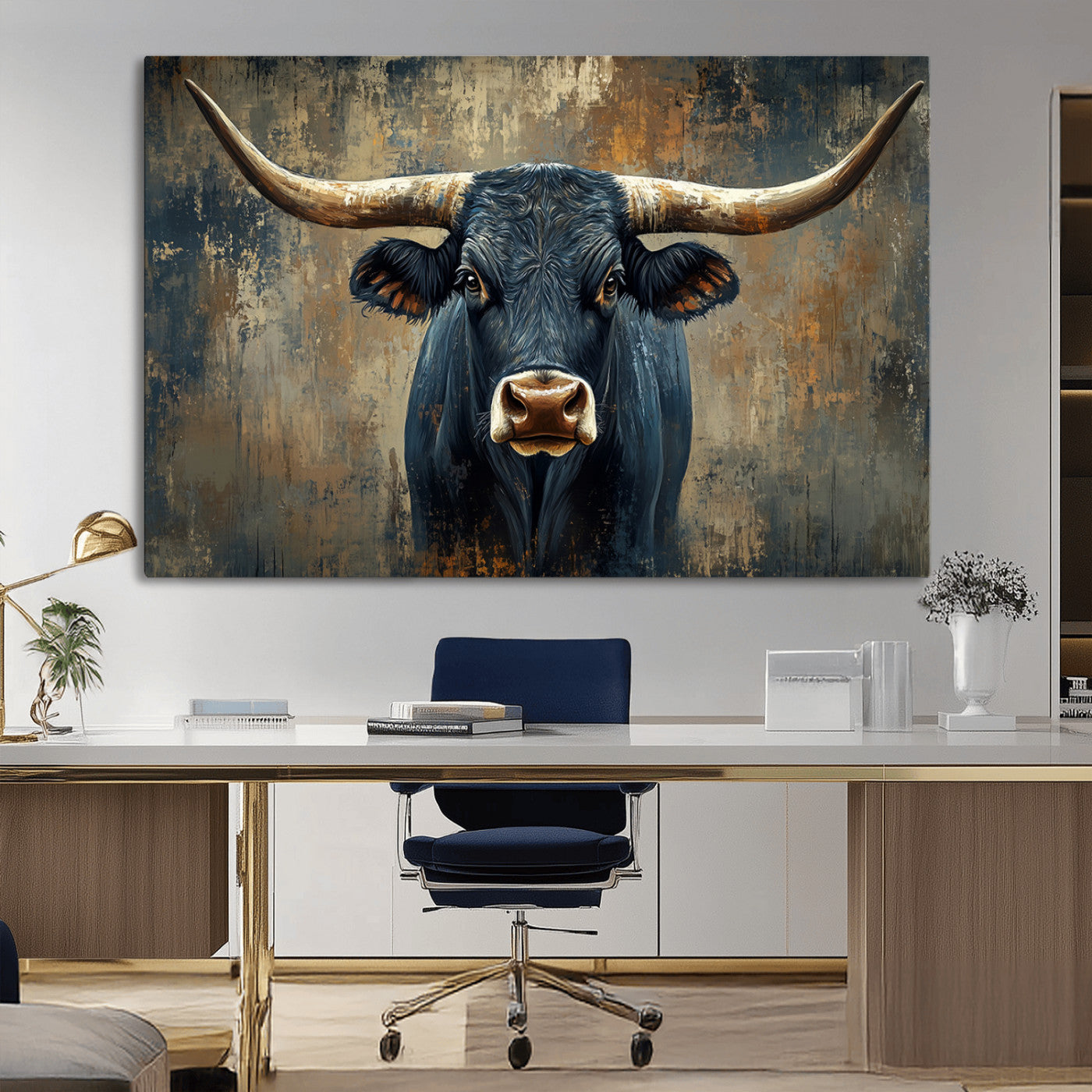 MGV-CV-36X24 - Texas Western Wall Art Canvas Print - Abstract Cow Longhorn Bull Wall Art Canvas Print - Rustic Cow