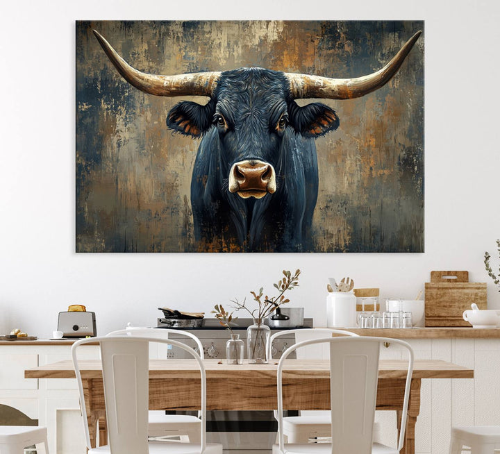 The Texas Western Wall Art Canvas Print showcases a Longhorn Bull set against an abstract brown and gray backdrop, making it perfect for rustic decor.