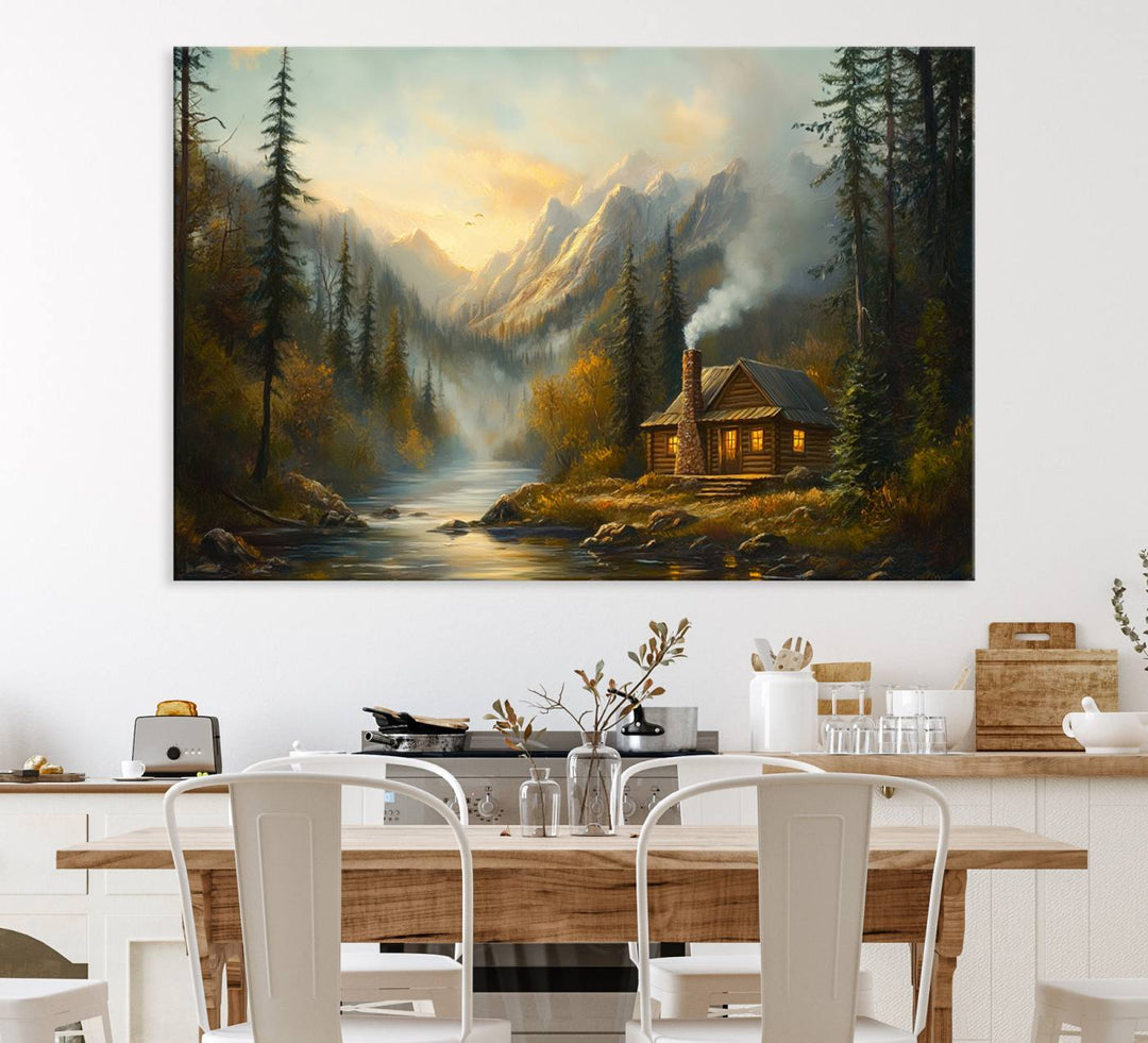 A cozy Wood Cabin Retreat Mountain at Sunset Wall Art features a serene forest and river landscape with smoke rising on a canvas print.