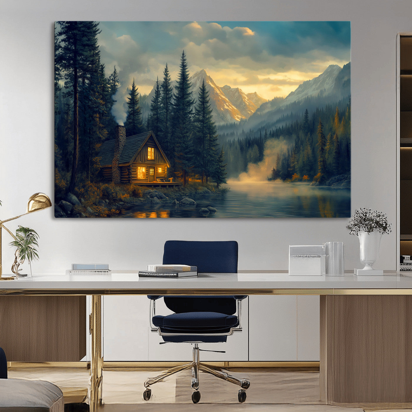 MGV-CV-36X24 - Mountain Cabin by the Lake at Sunset Wall Art - Serene Nature Canvas Print for Living Room Decor,