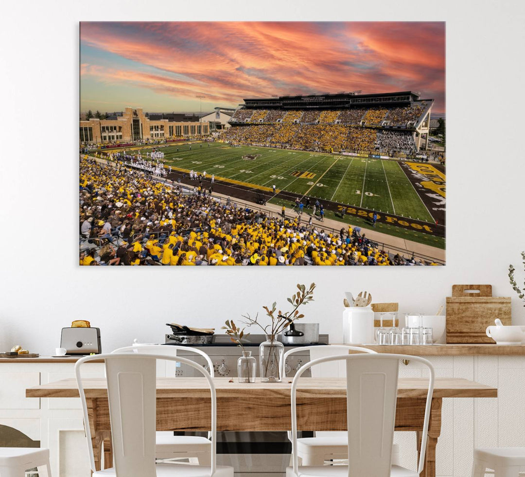 Capture the essence of a packed War Memorial Stadium at sunset with the Cowboys Football Canvas Print, highlighting fans cheering in yellow.