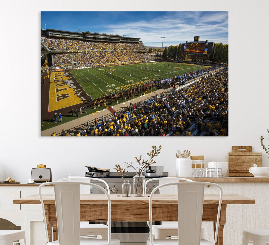 Canvas Wall Art Print: University of Wyoming Cowboys action at Jonah Field War Memorial Stadium under a sunny blue sky.